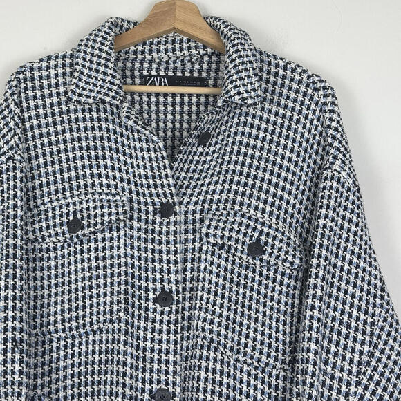 Zara Women’s Tweed Houndstooth Oversized Button-Up Shacket Jacket M Ruffle Boho - Picture 2 of 9